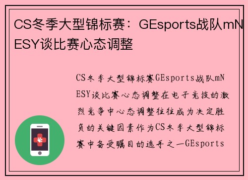 CS冬季大型锦标赛：GEsports战队mNESY谈比赛心态调整
