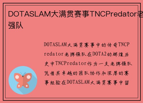 DOTASLAM大满贯赛事TNCPredator老牌强队
