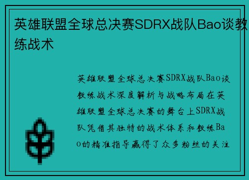 英雄联盟全球总决赛SDRX战队Bao谈教练战术